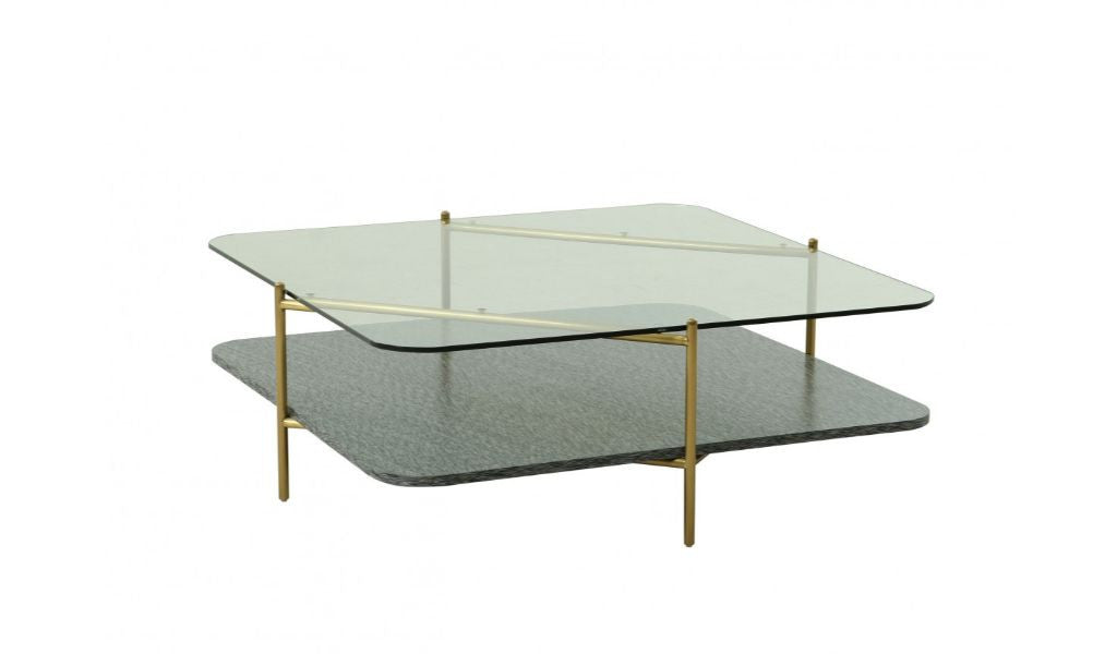 43" Gold And Clear Glass Square Coffee Table With Shelf By Homeroots | Coffee Tables | Modishstore