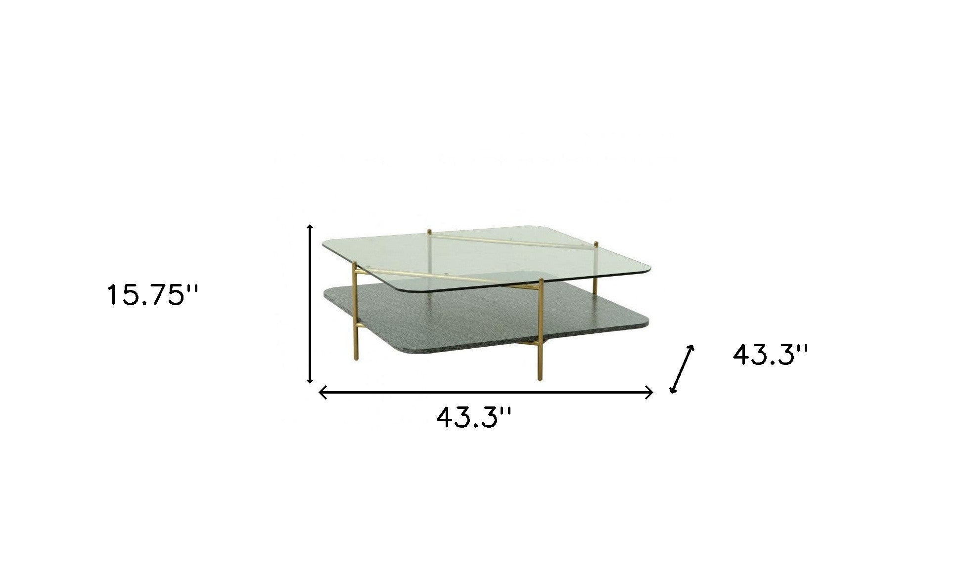 43" Gold And Clear Glass Square Coffee Table With Shelf By Homeroots | Coffee Tables | Modishstore - 5