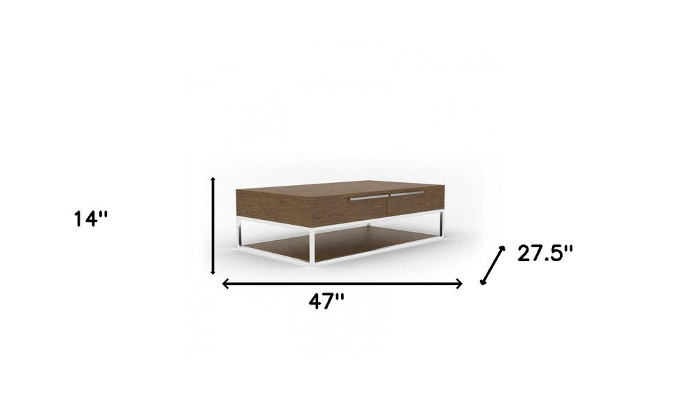 47" Silver And Walnut Rectangular Coffee Table With Two Drawers And Shelf By Homeroots | Coffee Tables | Modishstore - 5