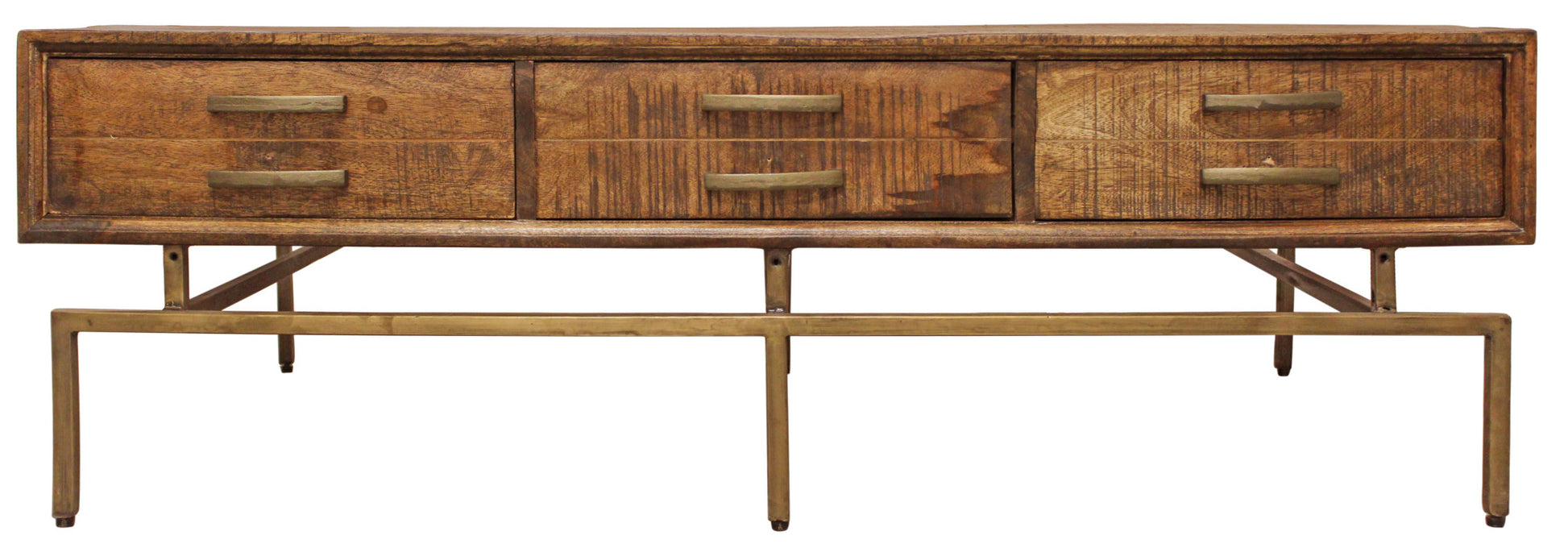 56" Brass And Brown Solid Wood Rectangular Distressed Storage Coffee Table By Homeroots | Coffee Tables | Modishstore