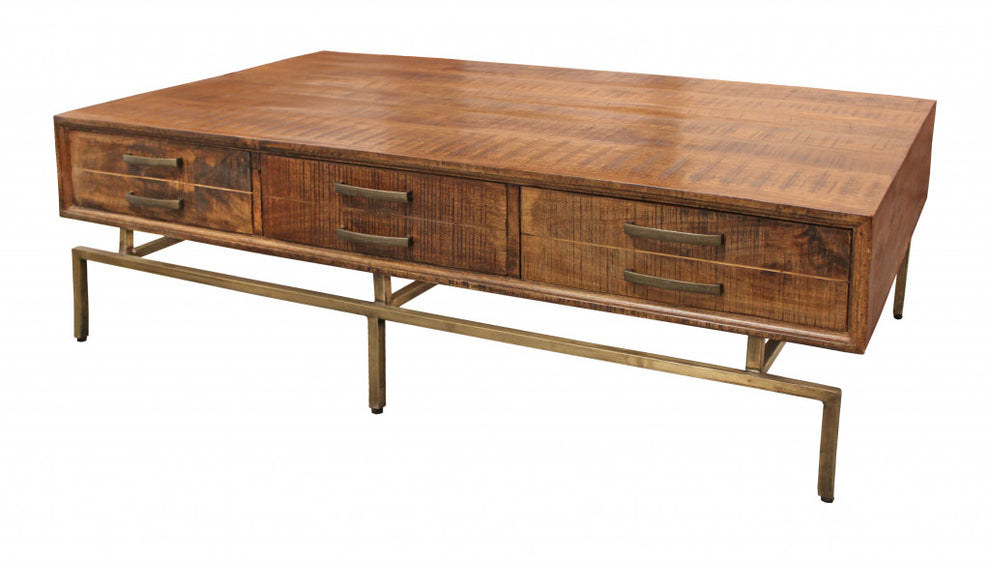 56" Brass And Brown Solid Wood Rectangular Distressed Storage Coffee Table By Homeroots | Coffee Tables | Modishstore - 2