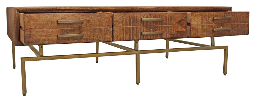 56" Brass And Brown Solid Wood Rectangular Distressed Storage Coffee Table By Homeroots | Coffee Tables | Modishstore - 3