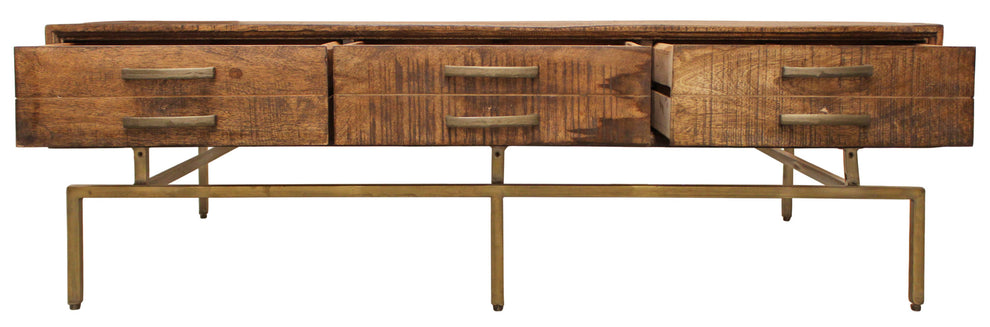 56" Brass And Brown Solid Wood Rectangular Distressed Storage Coffee Table By Homeroots | Coffee Tables | Modishstore - 4