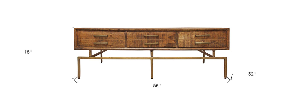 56" Brass And Brown Solid Wood Rectangular Distressed Storage Coffee Table By Homeroots | Coffee Tables | Modishstore - 8