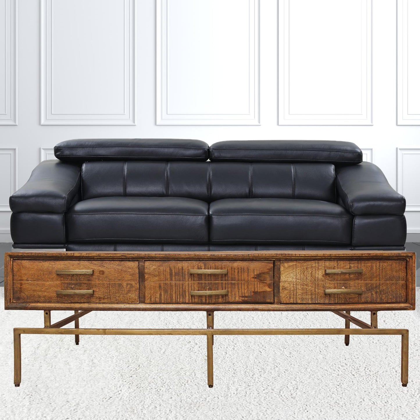 56" Brass And Brown Solid Wood Rectangular Distressed Storage Coffee Table By Homeroots | Coffee Tables | Modishstore - 7