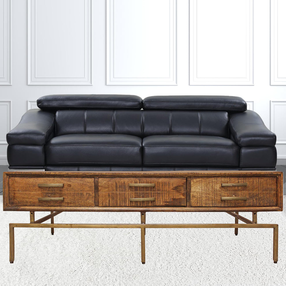 56" Brass And Brown Solid Wood Rectangular Distressed Storage Coffee Table By Homeroots | Coffee Tables | Modishstore - 7