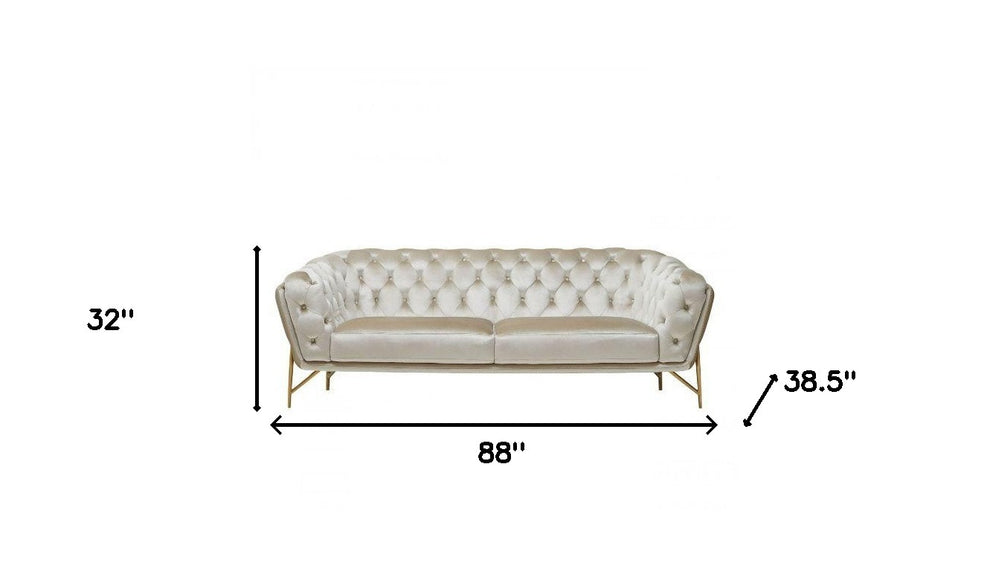 88" Beige Tufted Velvet and Gold Chesterfield Sofa By Homeroots | Sofas | Modishstore - 5
