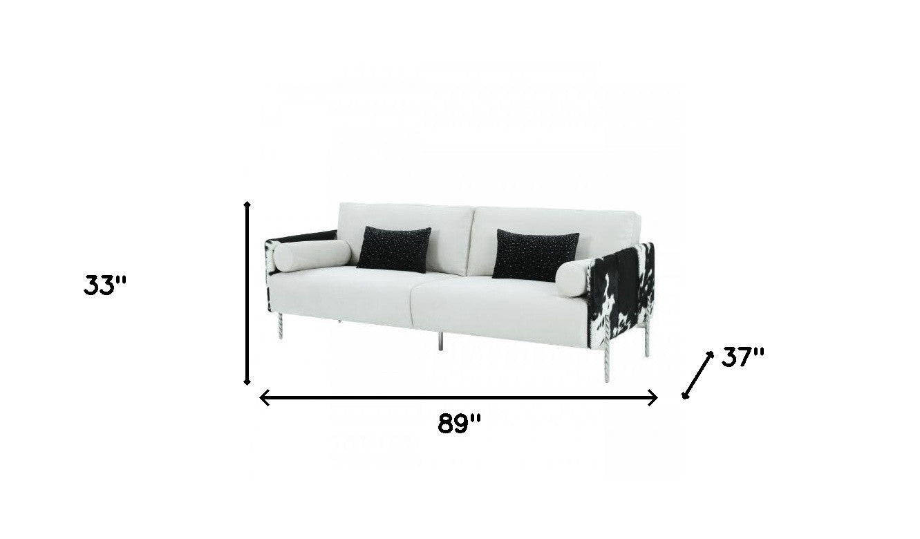 89" White Faux Cowhide and Silver Sofa By Homeroots