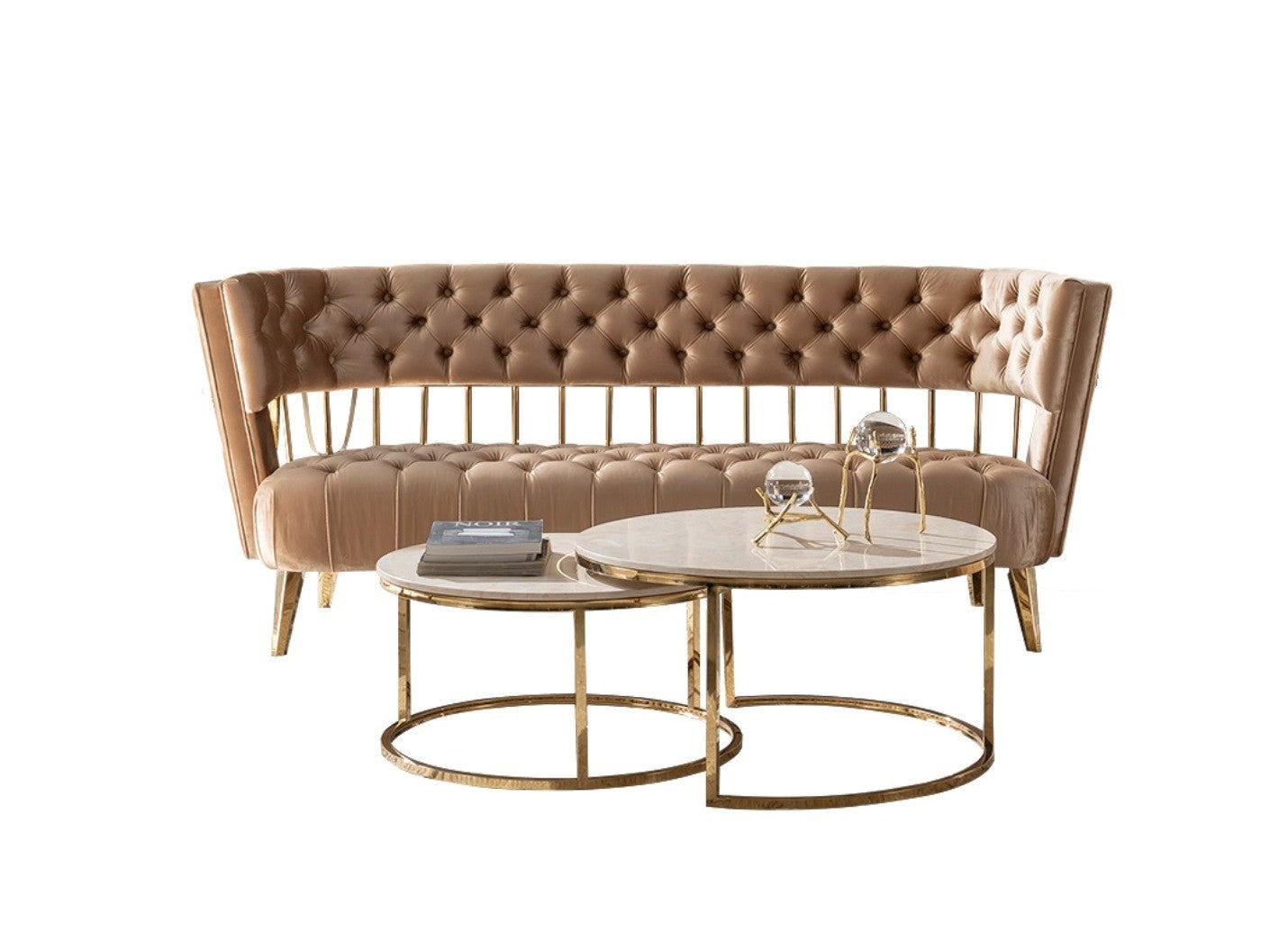 84" Beige Tufted Velvet and Gold Open Back Sofa By Homeroots | Sofas | Modishstore - 2