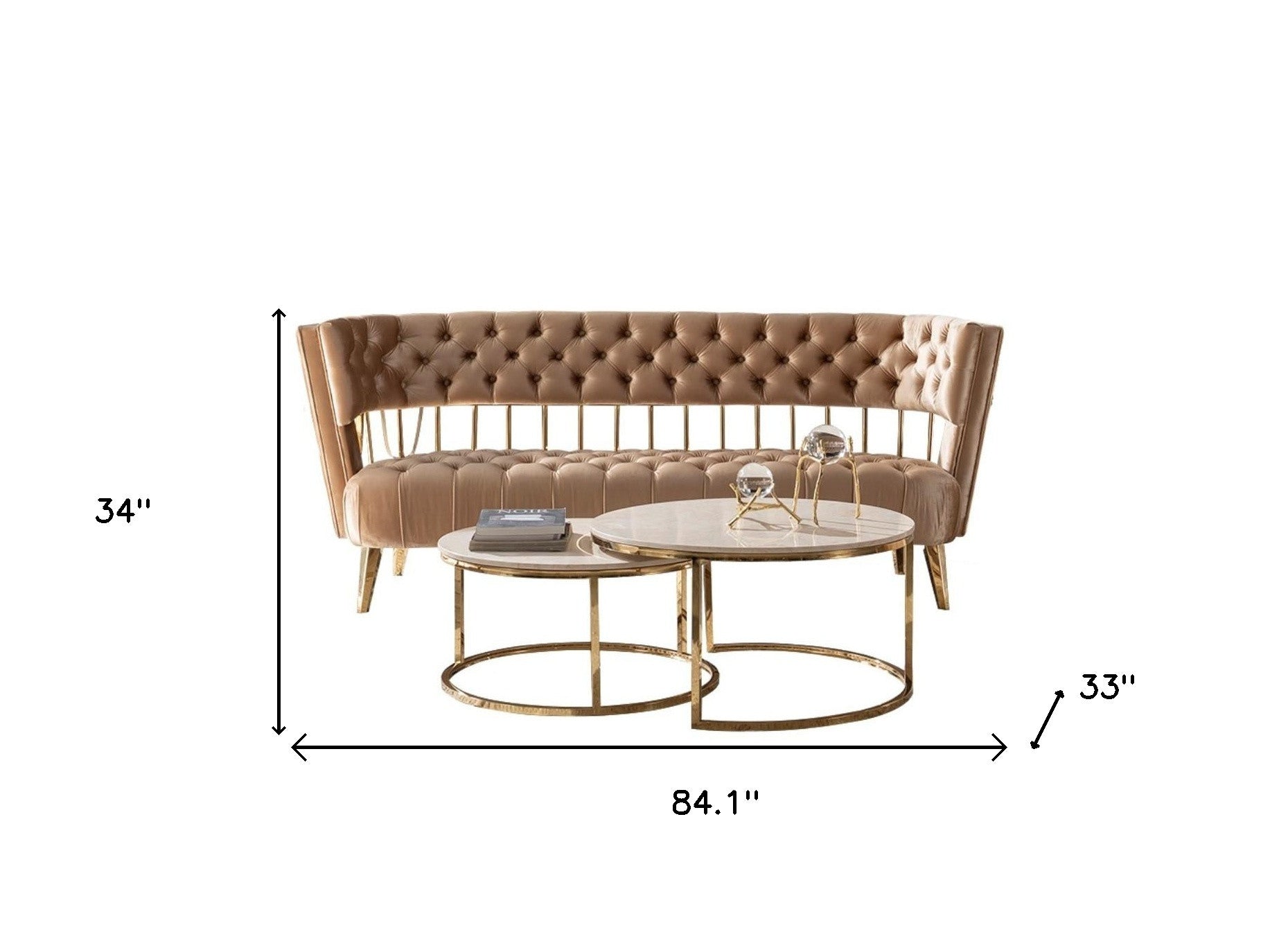 84" Beige Tufted Velvet and Gold Open Back Sofa By Homeroots | Sofas | Modishstore - 4