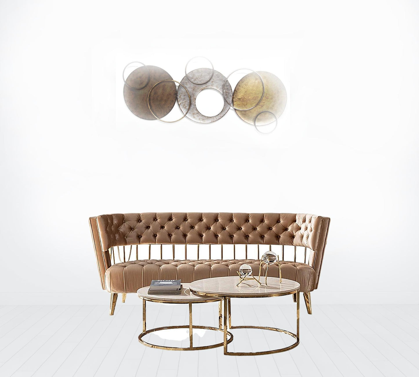 84" Beige Tufted Velvet and Gold Open Back Sofa By Homeroots | Sofas | Modishstore - 3