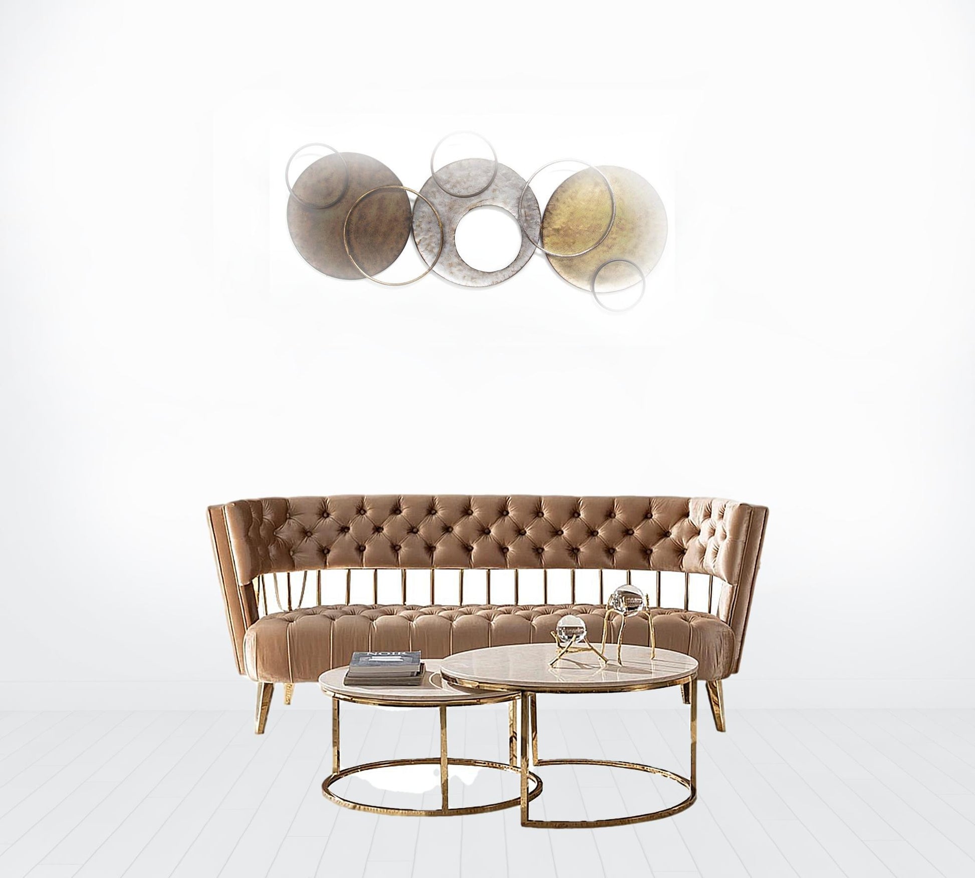 84" Beige Tufted Velvet and Gold Open Back Sofa By Homeroots | Sofas | Modishstore - 3