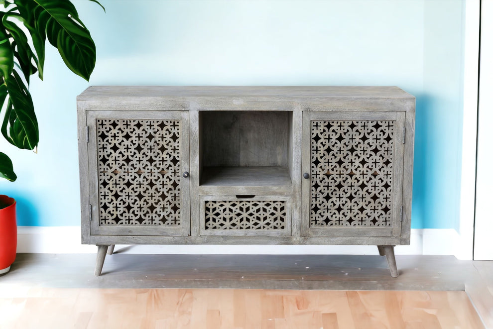 55" Gray Solid Wood Distressed Console Table With Storage With Storage By Homeroots | Console Tables | Modishstore - 5