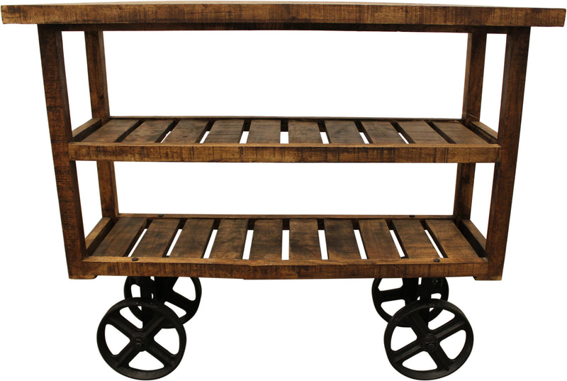 48" Brown and Black Solid Wood Distressed Wheel Console Table With Storage By Homeroots | Console Tables | Modishstore