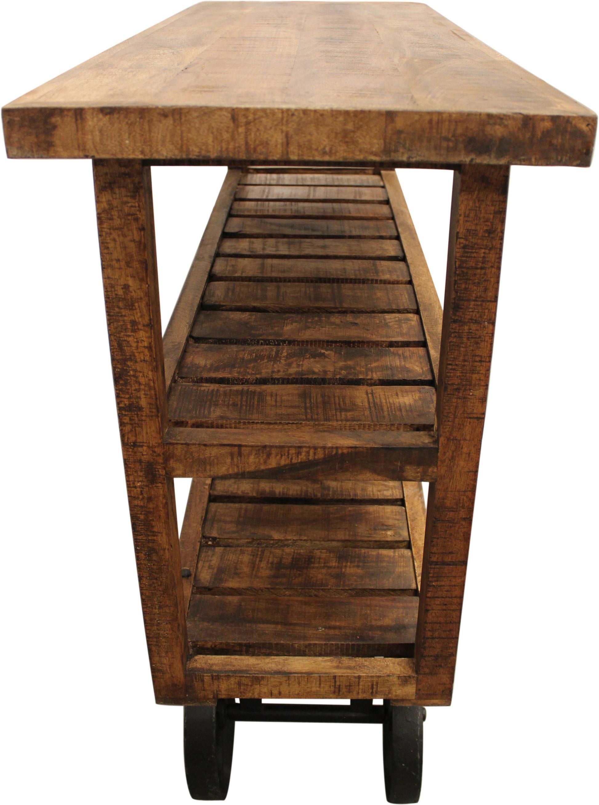 48" Brown and Black Solid Wood Distressed Wheel Console Table With Storage By Homeroots | Console Tables | Modishstore - 4