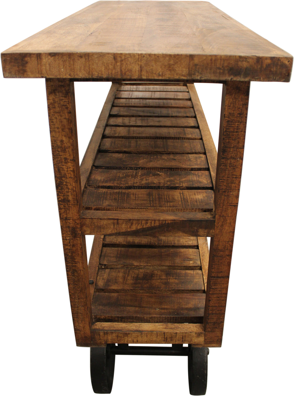 48" Brown and Black Solid Wood Distressed Wheel Console Table With Storage By Homeroots | Console Tables | Modishstore - 4