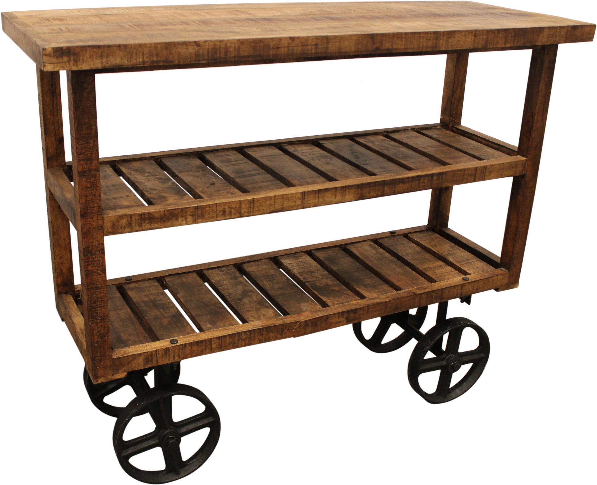 48" Brown and Black Solid Wood Distressed Wheel Console Table With Storage By Homeroots | Console Tables | Modishstore - 3