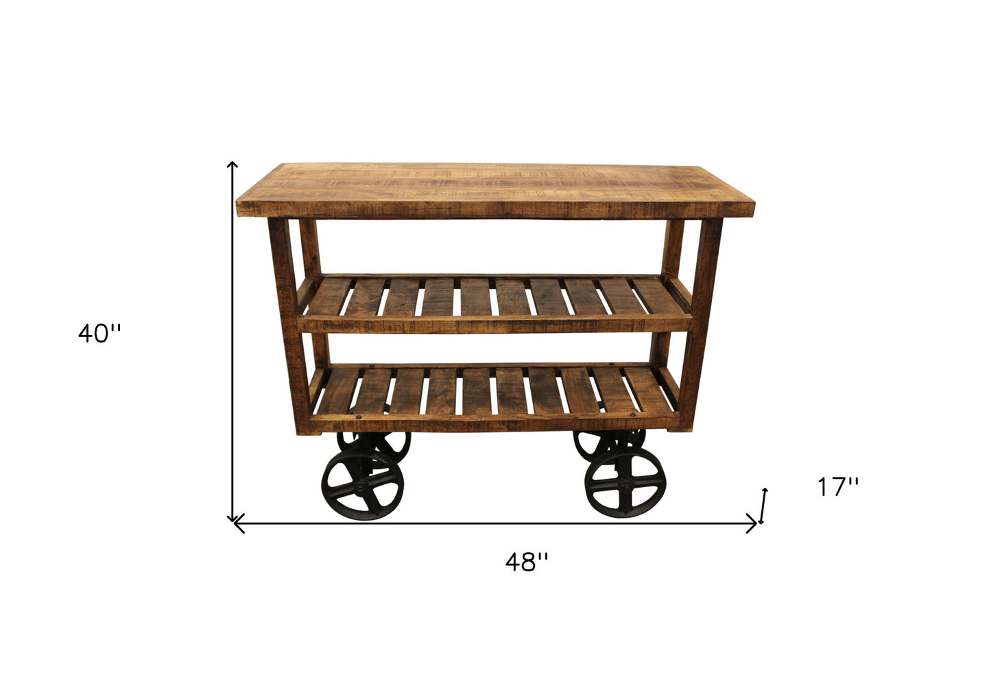 48" Brown and Black Solid Wood Distressed Wheel Console Table With Storage By Homeroots | Console Tables | Modishstore - 6