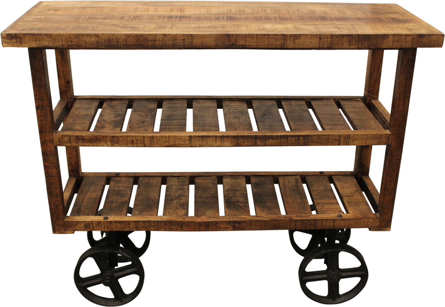 48" Brown and Black Solid Wood Distressed Wheel Console Table With Storage By Homeroots | Console Tables | Modishstore - 2