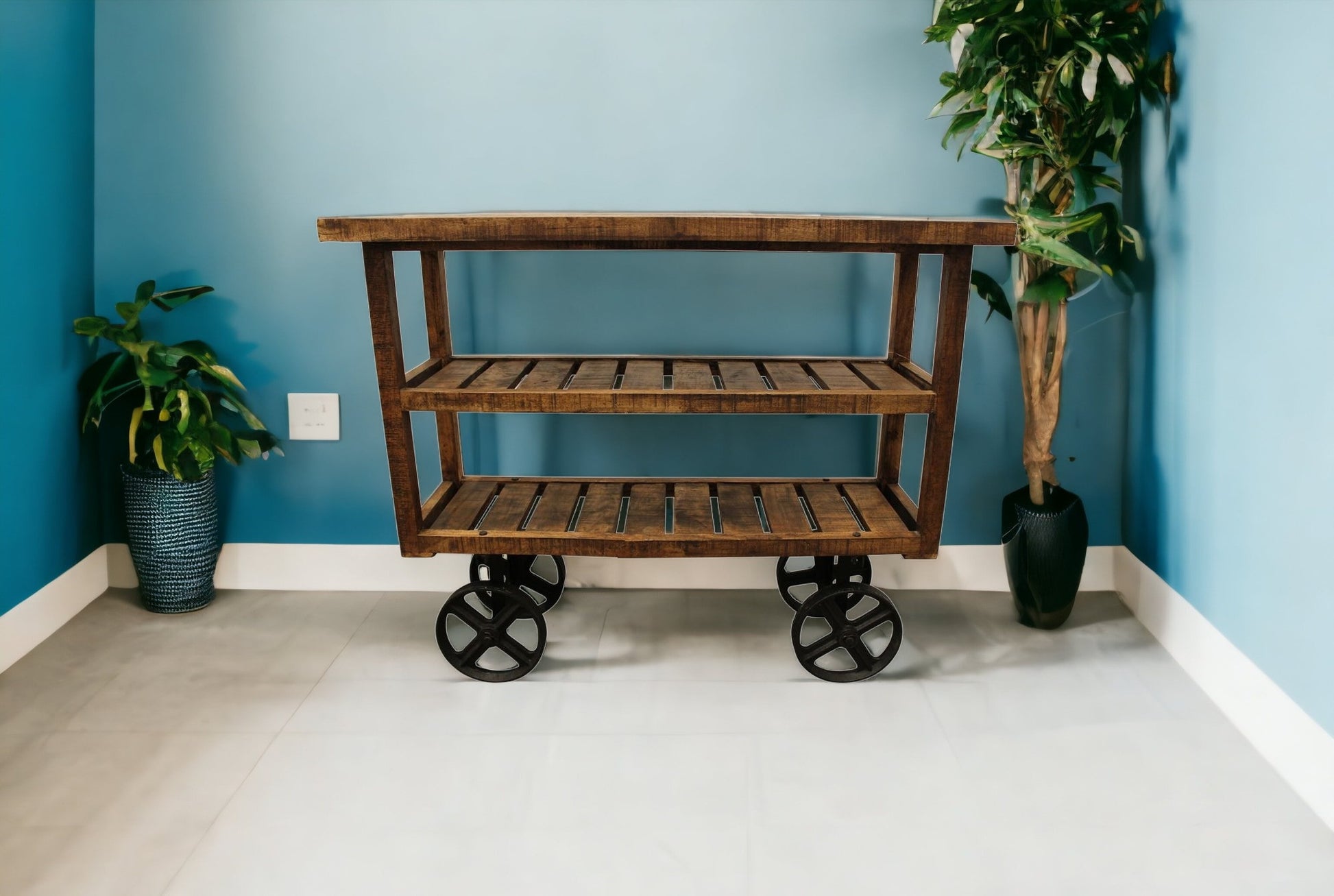 48" Brown and Black Solid Wood Distressed Wheel Console Table With Storage By Homeroots | Console Tables | Modishstore - 5