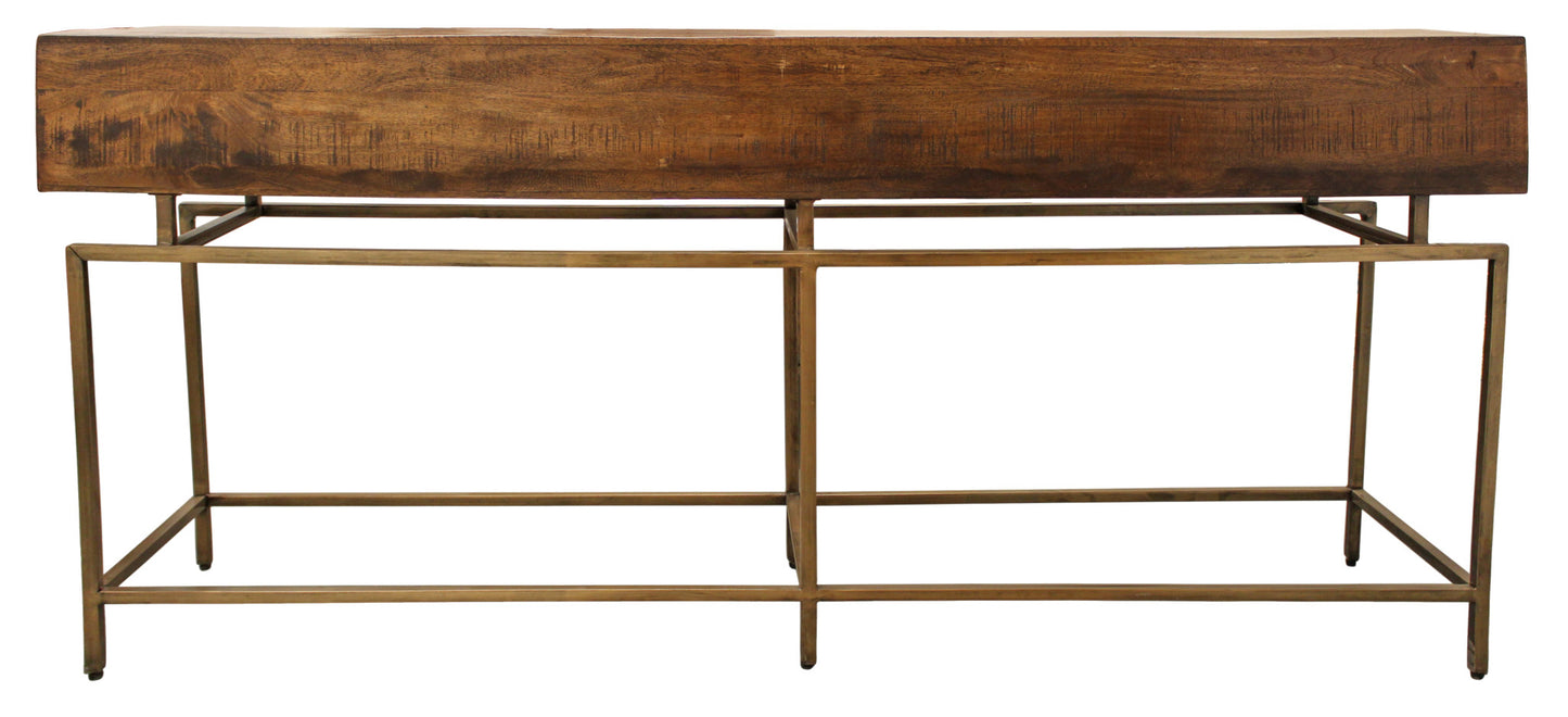 72" Brown and Brass Solid Wood Distressed Frame Console Table With Storage By Homeroots