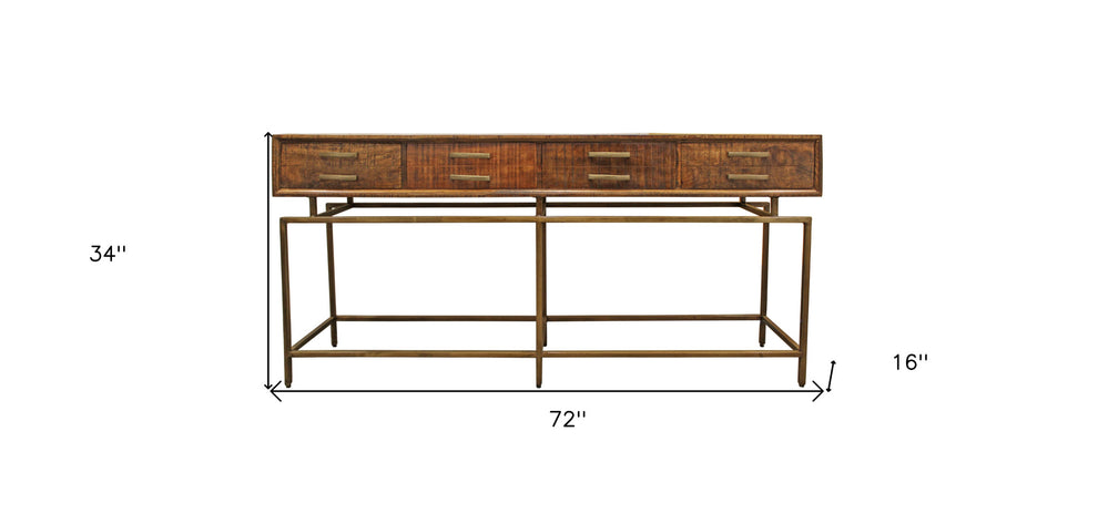 72" Brown and Brass Solid Wood Distressed Frame Console Table With Storage By Homeroots | Console Tables | Modishstore - 8