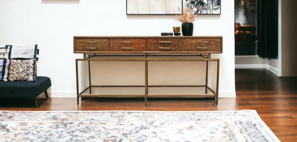 72" Brown and Brass Solid Wood Distressed Frame Console Table With Storage By Homeroots | Console Tables | Modishstore - 7