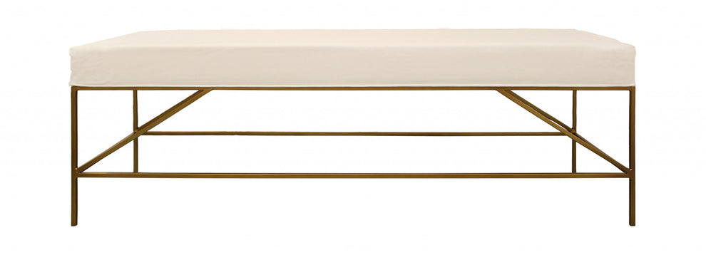 58" Ivory And Gold 100% Linen Upholstered Entryway Bench By Homeroots | Benches | Modishstore - 2