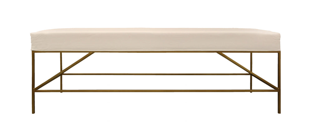 58" Ivory And Gold 100% Linen Upholstered Entryway Bench By Homeroots | Benches | Modishstore - 3
