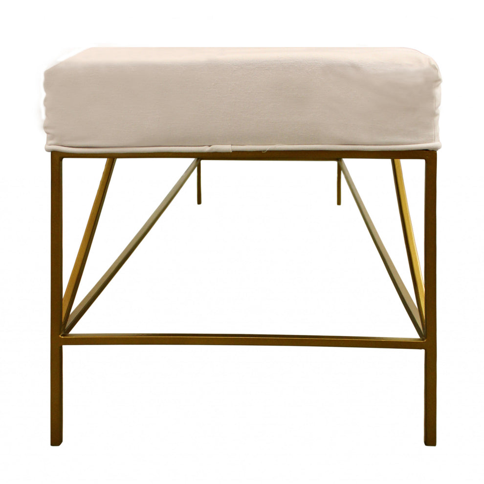 58" Ivory And Gold 100% Linen Upholstered Entryway Bench By Homeroots | Benches | Modishstore - 4