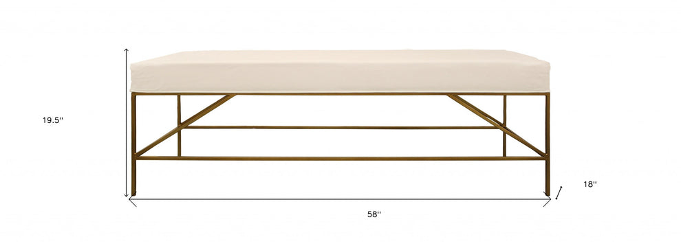 58" Ivory And Gold 100% Linen Upholstered Entryway Bench By Homeroots | Benches | Modishstore - 6