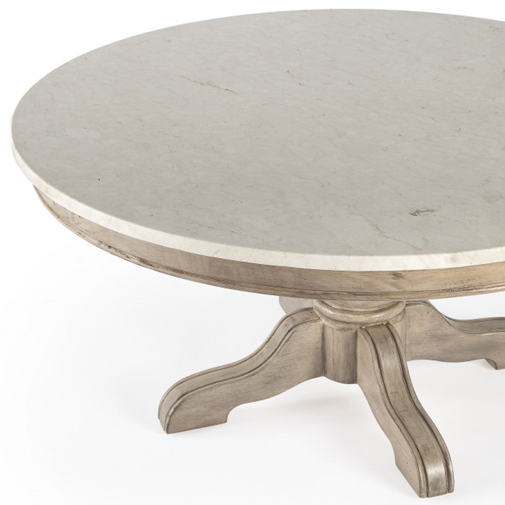 38" Beige And Off White Genuine Marble Round Distressed Coffee Table By Homeroots