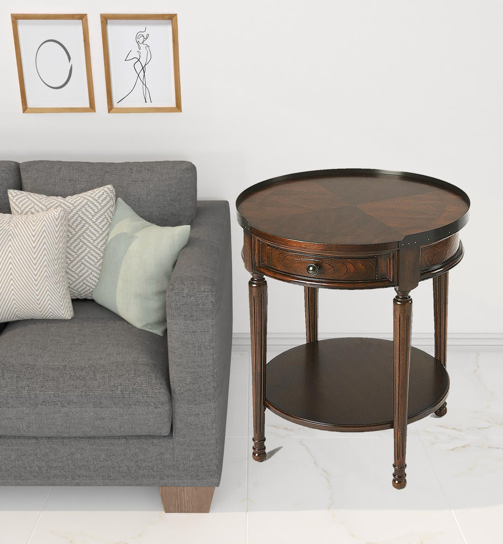 26" Dark Brown Manufactured Wood Round End Table With Drawer And Shelf By Homeroots | End Tables | Modishstore - 4