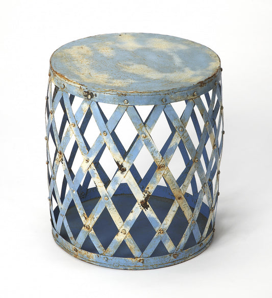17" Rustic Blue Iron Lattice Round Top End Table By Homeroots