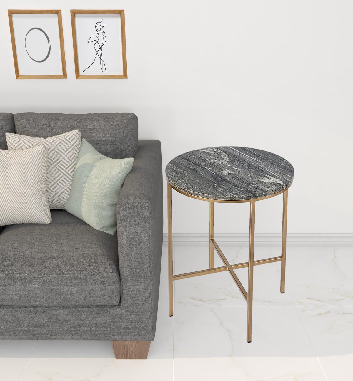 23" Brass And Gray Marble Round End Table By Homeroots | End Tables | Modishstore - 6