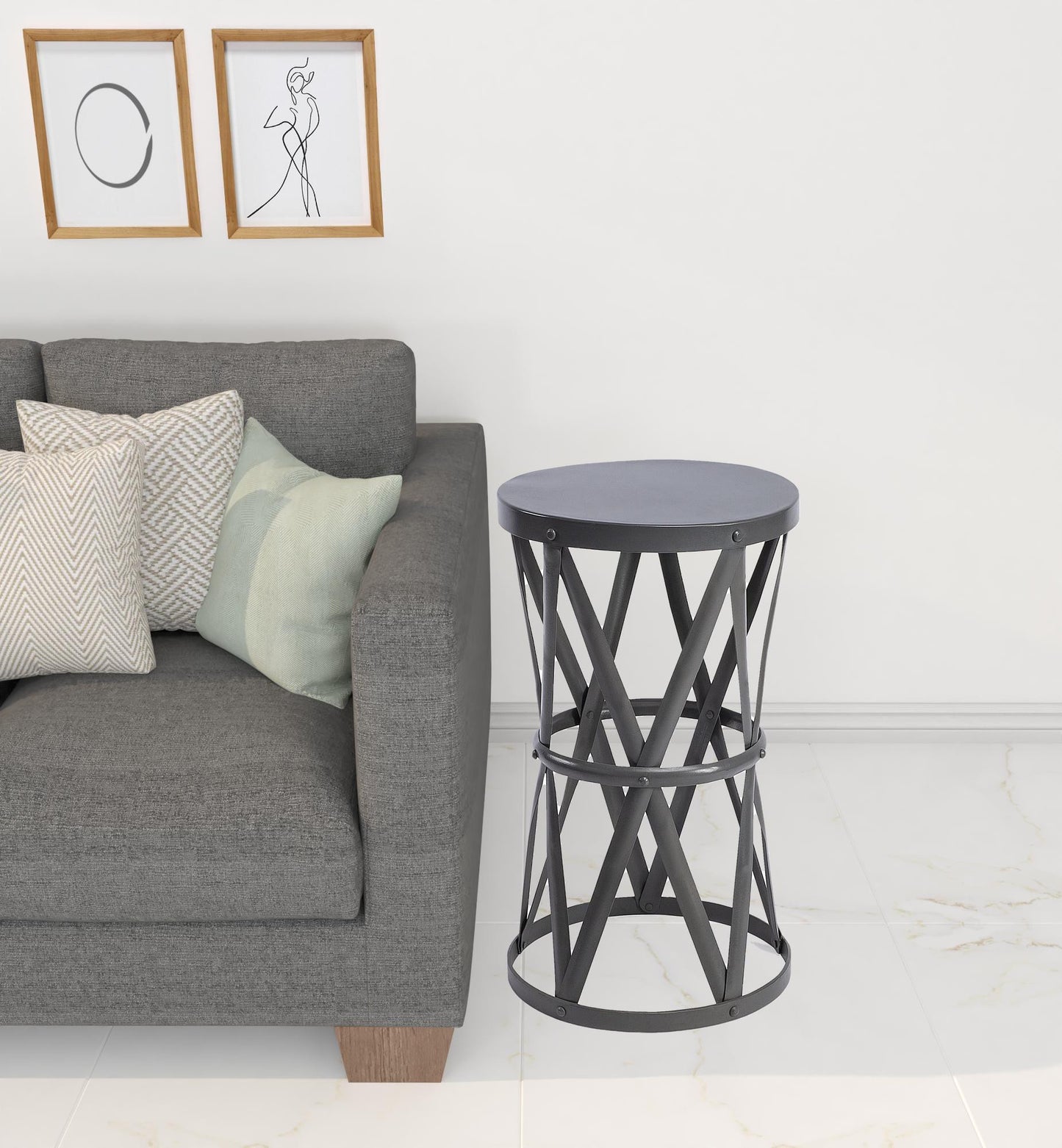 22" Gray Iron Hourglass Base Round Top End Table By Homeroots | End Tables | Modishstore - 5