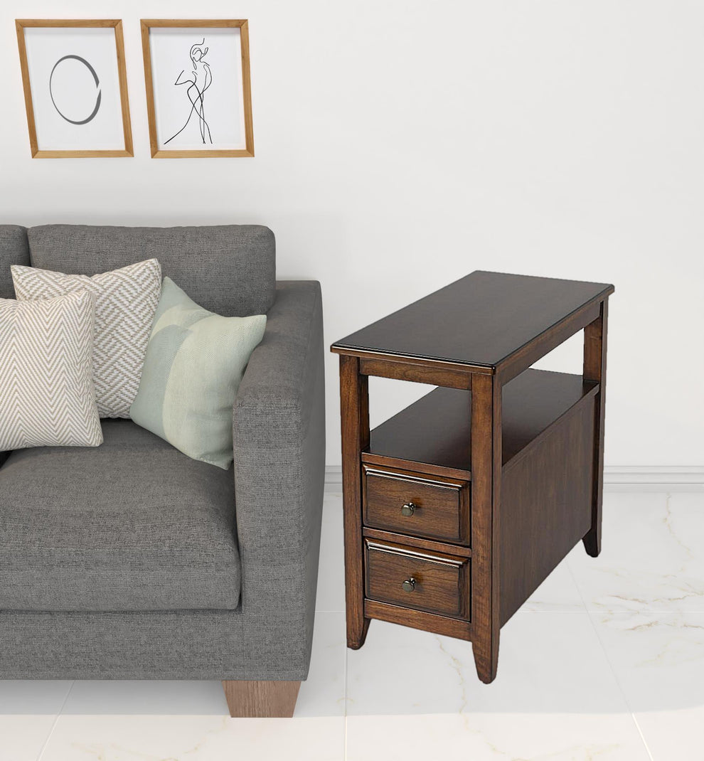 24" Cherry Brown Narrow End Table With Two Drawers And Shelf By Homeroots | End Tables | Modishstore - 6