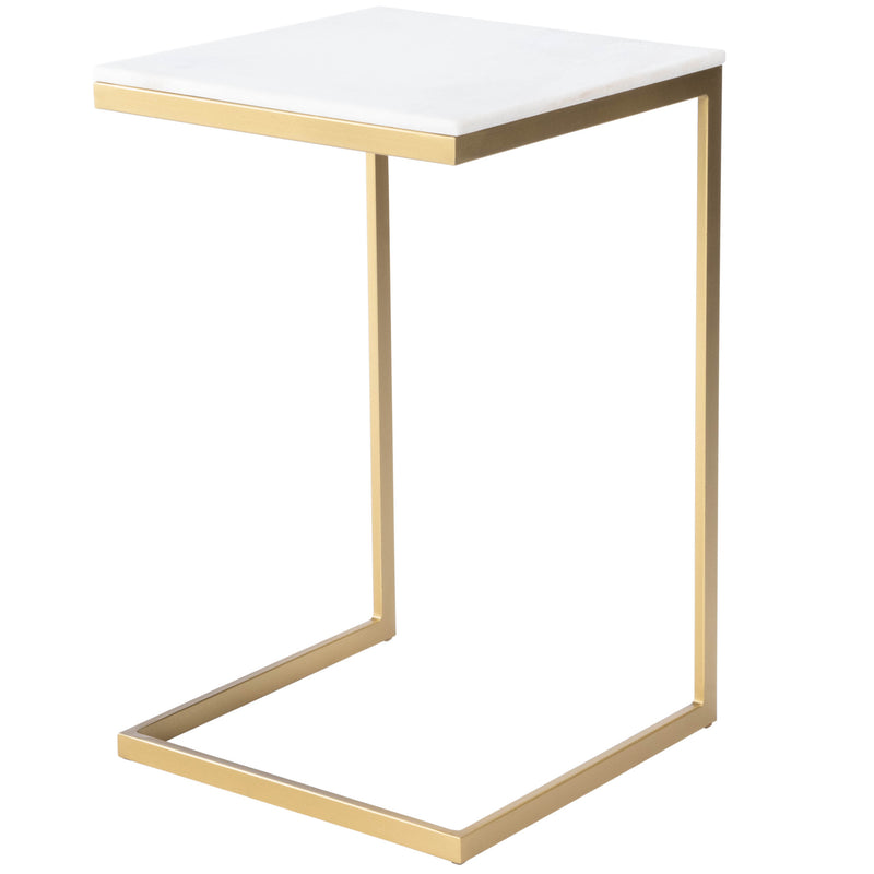 26" Antique Gold and White Marble Square C Shape End Table By Homeroots | End Tables | Modishstore
