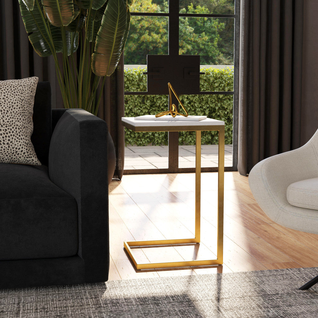 26" Antique Gold and White Marble Square C Shape End Table By Homeroots | End Tables | Modishstore - 8