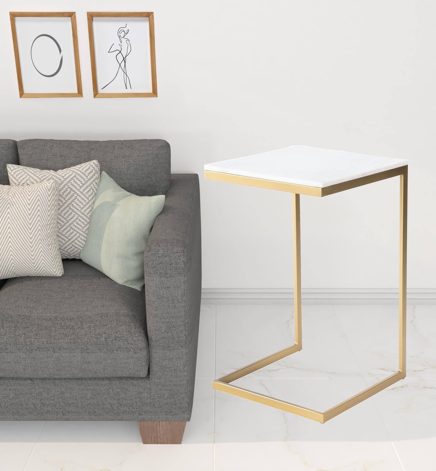 26" Antique Gold and White Marble Square C Shape End Table By Homeroots | End Tables | Modishstore - 6