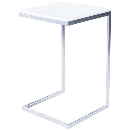 26" Silver and White Marble Square C Shape End Table By Homeroots