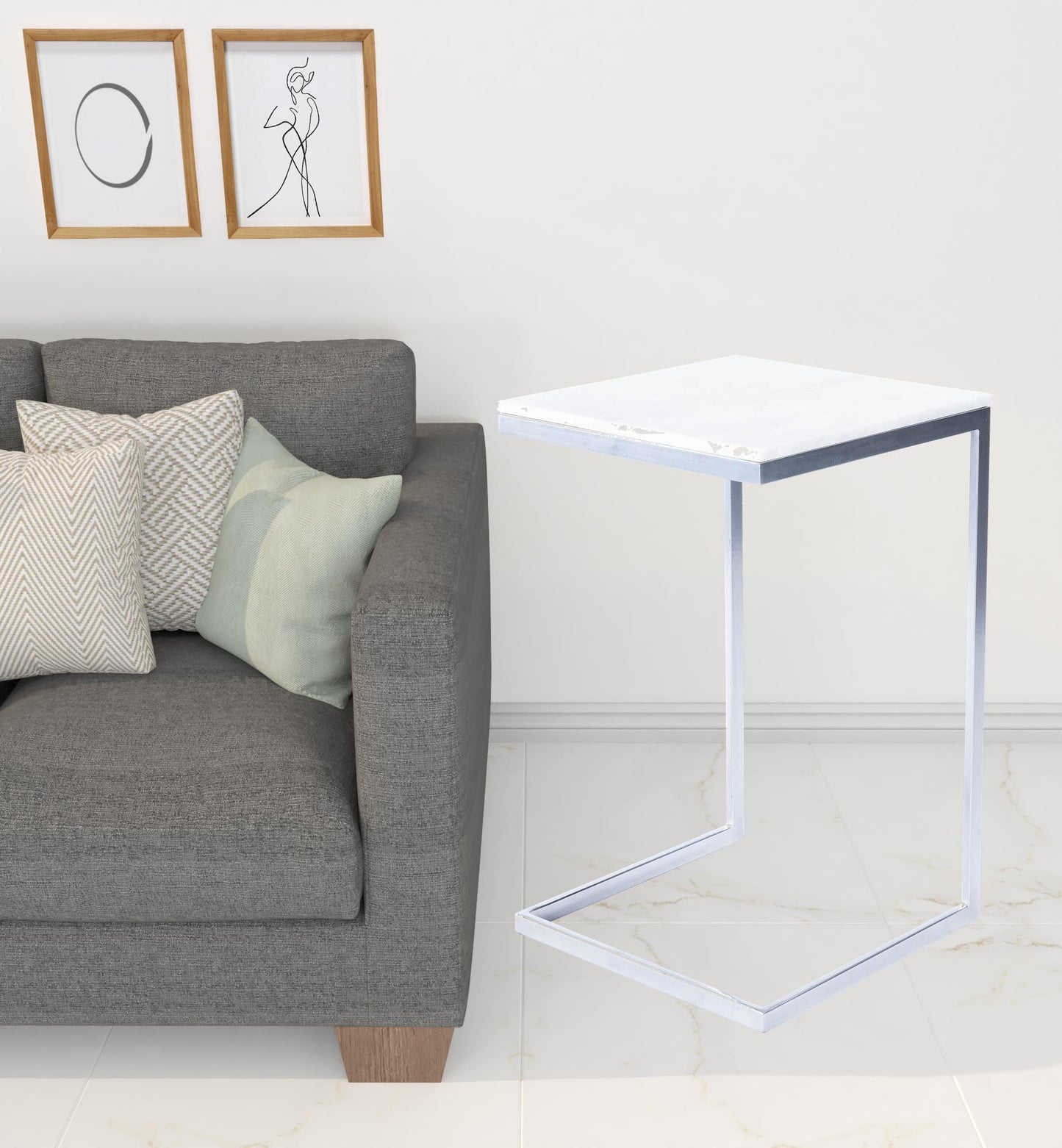 26" Silver and White Marble Square C Shape End Table By Homeroots | End Tables | Modishstore - 6