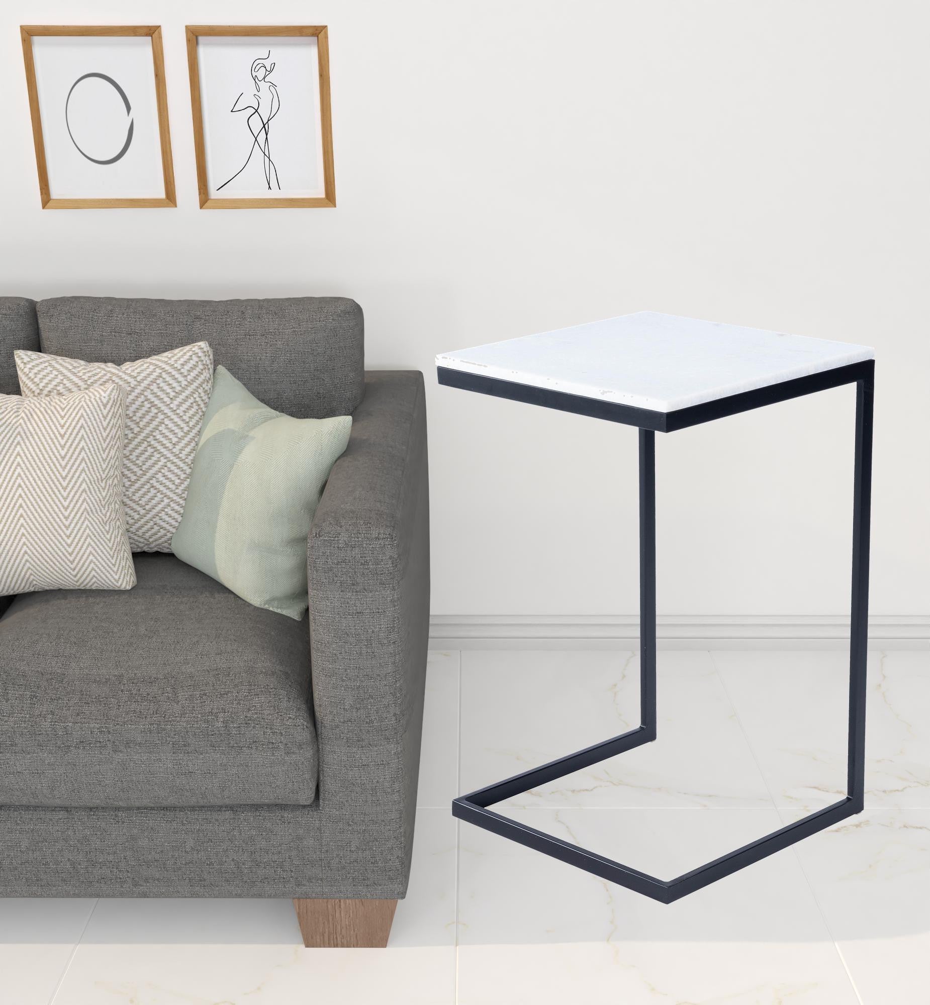26" Black and White Marble Square C Shape End Table By Homeroots | End Tables | Modishstore - 6