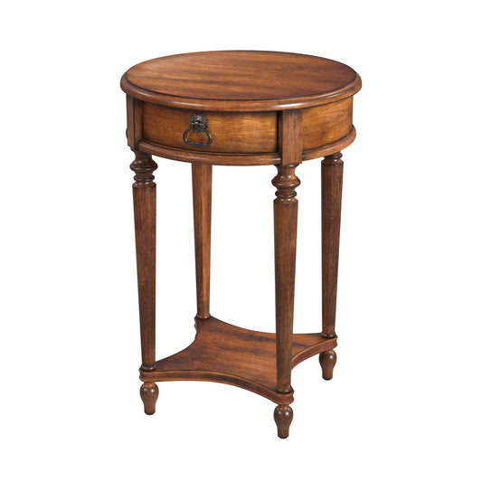 26" Antique Cherry Solid And Manufactured Wood Round End Table With Drawer And Shelf By Homeroots