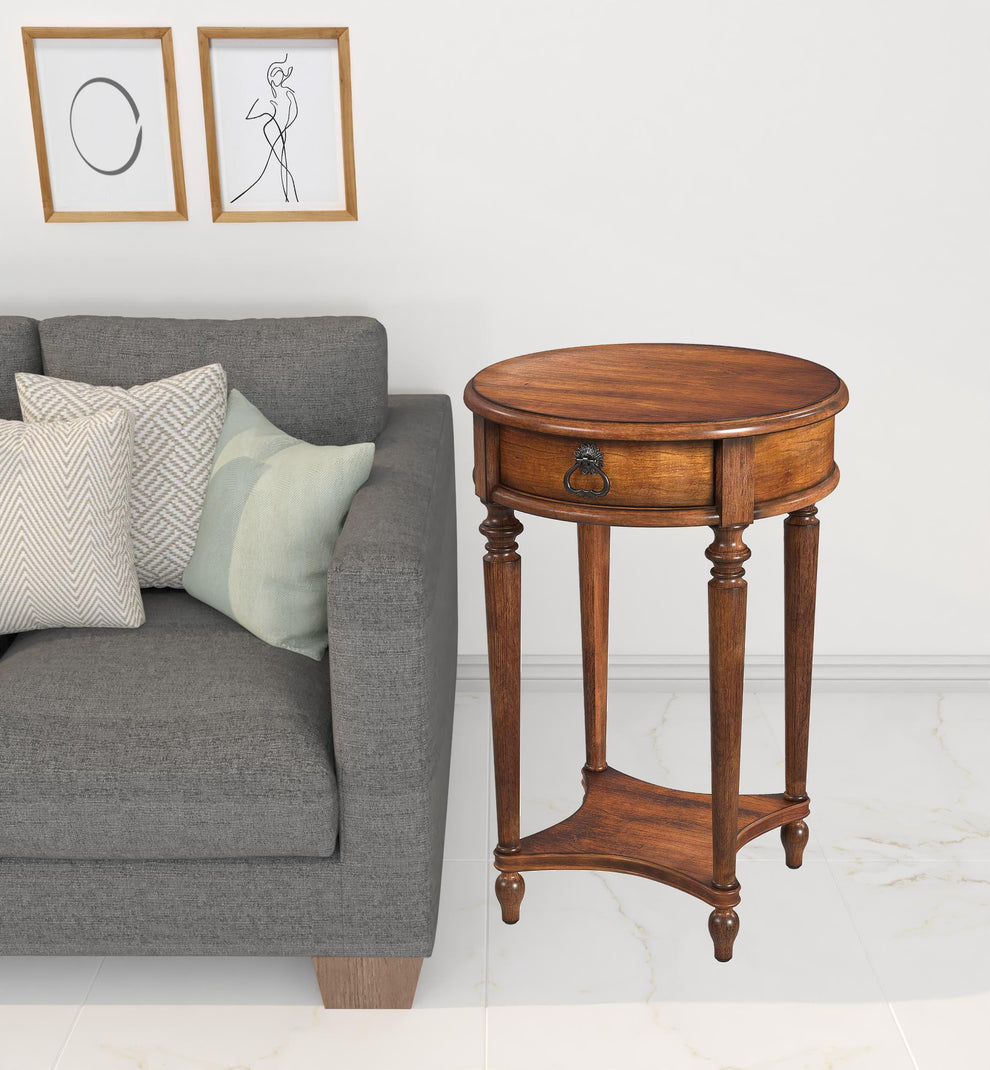 26" Antique Cherry Solid And Manufactured Wood Round End Table With Drawer And Shelf By Homeroots | End Tables | Modishstore - 7