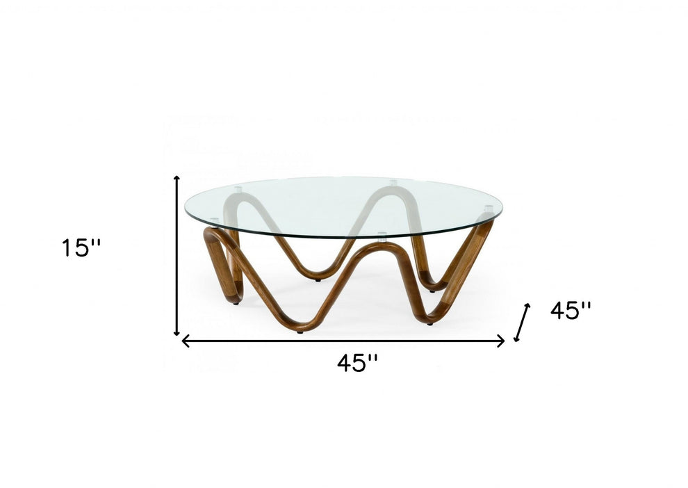 45" Walnut And Clear Glass Abstract Wood Round Coffee Table By Homeroots | Coffee Tables | Modishstore - 5