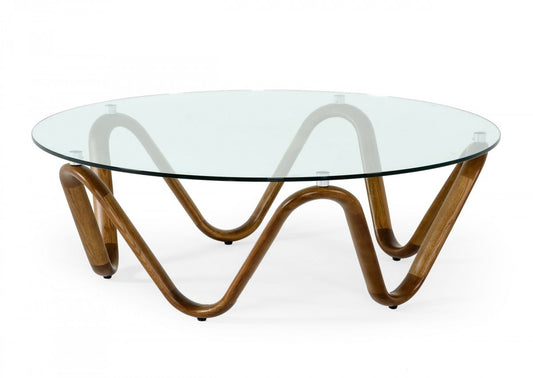 45" Walnut And Clear Glass Abstract Wood Round Coffee Table By Homeroots
