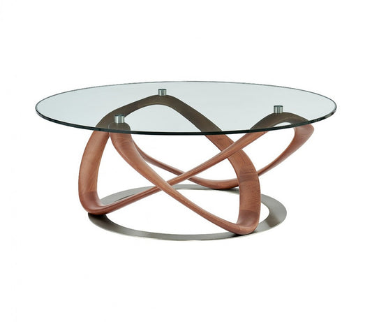 39" Walnut And Clear Glass Abstract Round Coffee Table By Homeroots