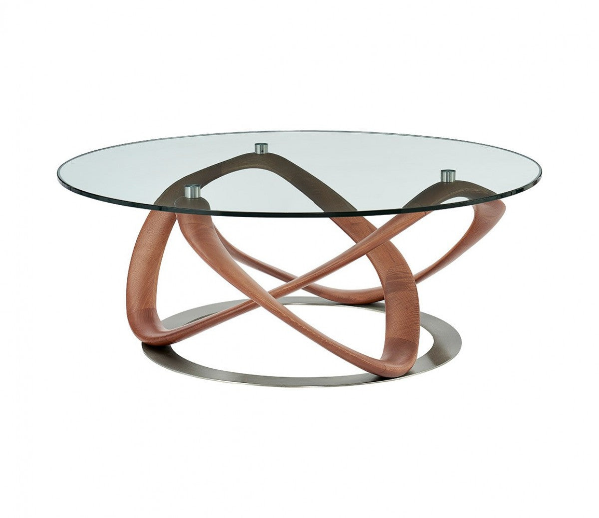 39" Walnut And Clear Glass Abstract Round Coffee Table By Homeroots | Coffee Tables | Modishstore