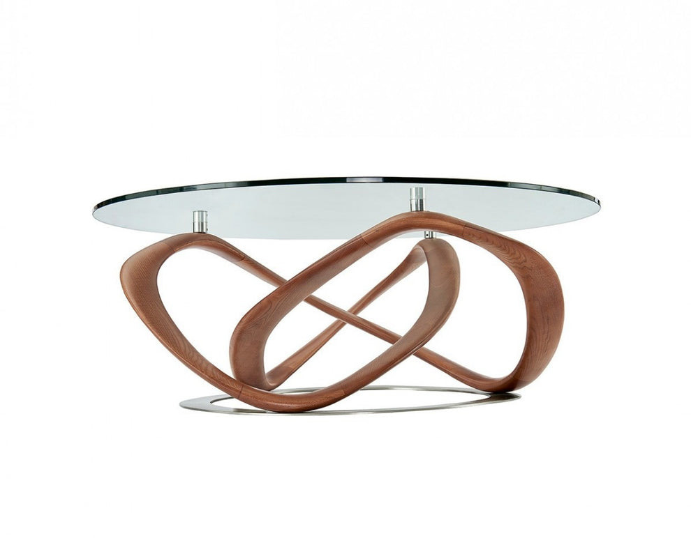 39" Walnut And Clear Glass Abstract Round Coffee Table By Homeroots | Coffee Tables | Modishstore - 2